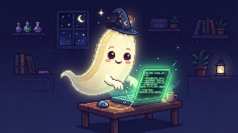 The same ghost banana in the same room and pose, now wearing a starry wizard hat, with green terminal text on the laptop