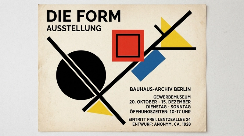 A generated Bauhaus-style poster with a black circle, diagonal black bars, a red square and yellow triangles on off-white paper