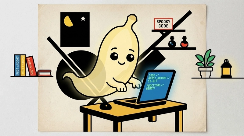 The ghost banana at its laptop redrawn as a flat illustration with black outlines on cream paper, over the poster's black circle and diagonals