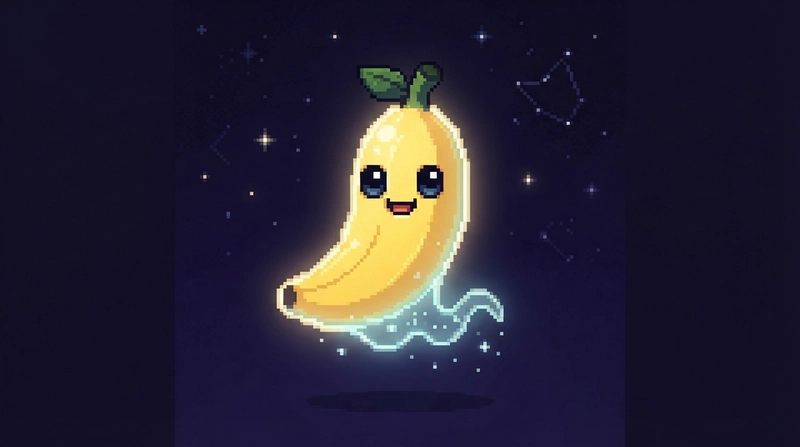 A pixel-art ghost banana with big eyes floating on a starry indigo background
