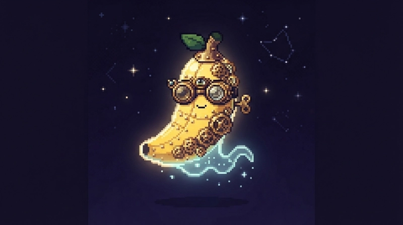 The same ghost banana, now with brass gears, rivets and goggles, in the same pose and background