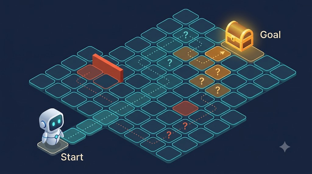 A simple visual showing an agent at the start of an unknown maze, with multiple possible paths leading toward a treasure. Include one dead end, one longer path, and one promising route