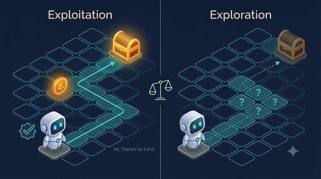 Exploitation uses the best-known action, while exploration tests uncertain alternatives that may reveal better outcomes.