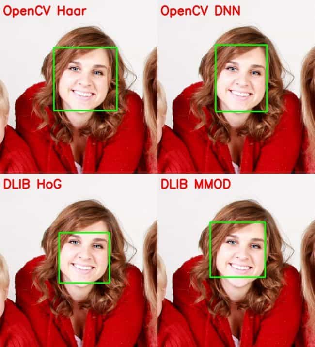 comparing the face detected by OpenCV Haar with DNN, HoG and MOOD – single face tilted to left, occluded with hair