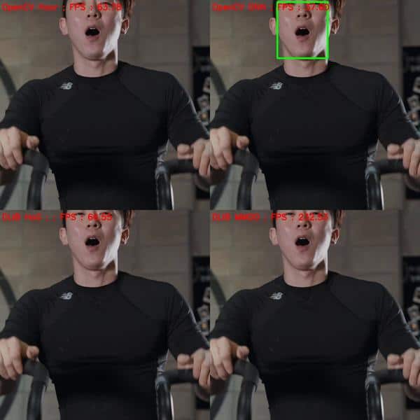 Comparing the face detection accuracy, frontal pose, singe face partly out of frame 2 - inference time is labeled for each method - dlib face detection
