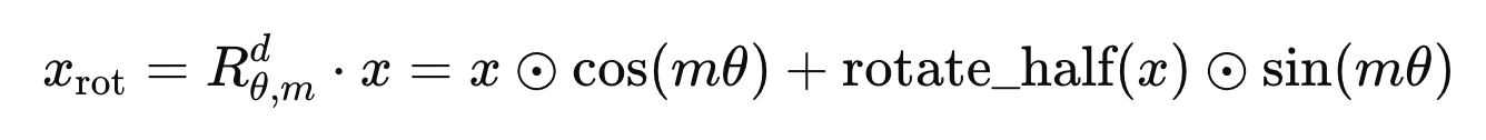 A rewritten form of the equation above to more closely align with the PyTorch implementation of RoPE used in the Llama model in the Hugging Face GitHub repository. Image by author.