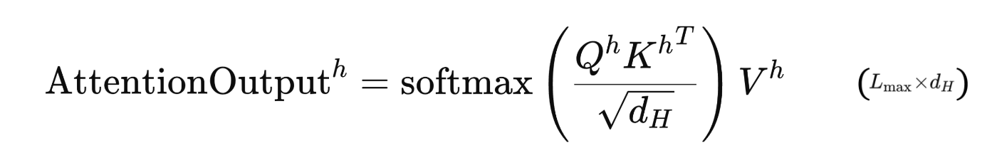 The equation for calculating the attention outputs for each head, as a function of the head-specific Query, Key, and Value matrices. Image by author.