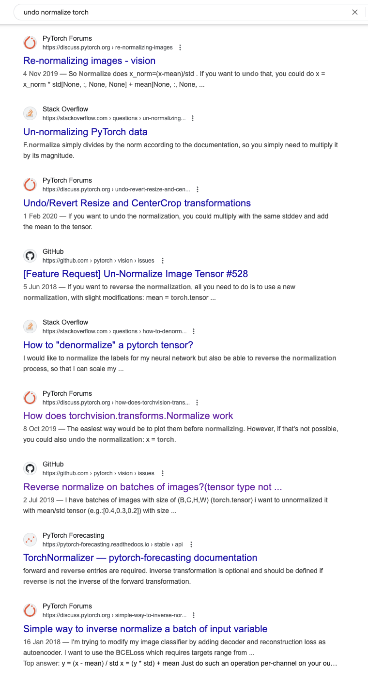 Google results overview of people trying to undo a Normalize in Pytorch