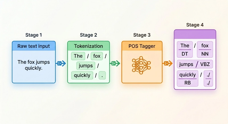 How a POS tagger processes a sentence from raw text to tagged output