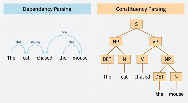 Dependency parsing and constituency parsing both build on POS tags to reveal sentence structure
